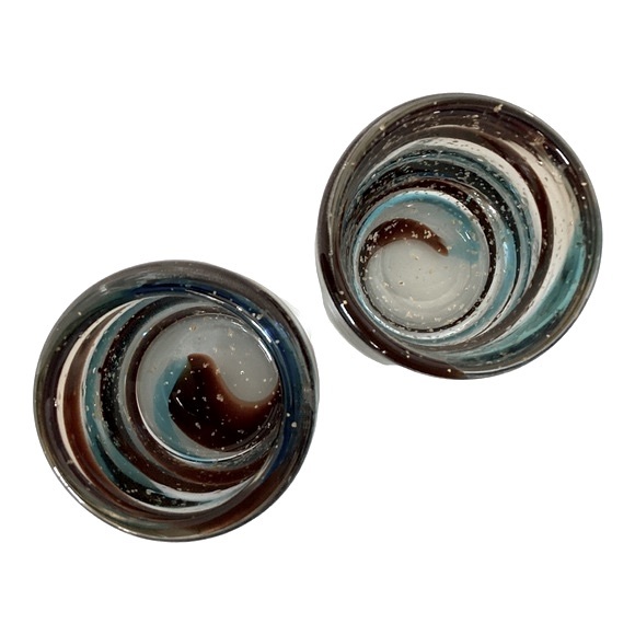 Hand Blown Glass Candle Holders Turquoise And Brown Glass Swirl Pattern Mexico - Picture 10 of 16